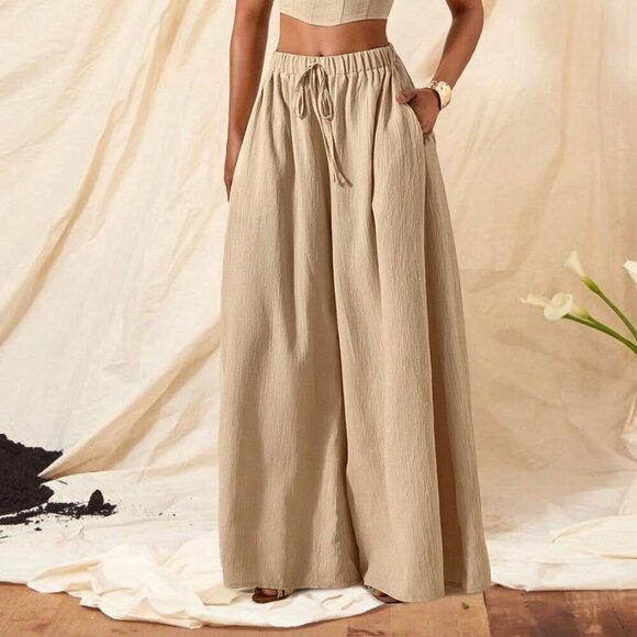 Khaki womens crop top & flowy wide legged pants textured fabric coord set - Picture 8 of 8